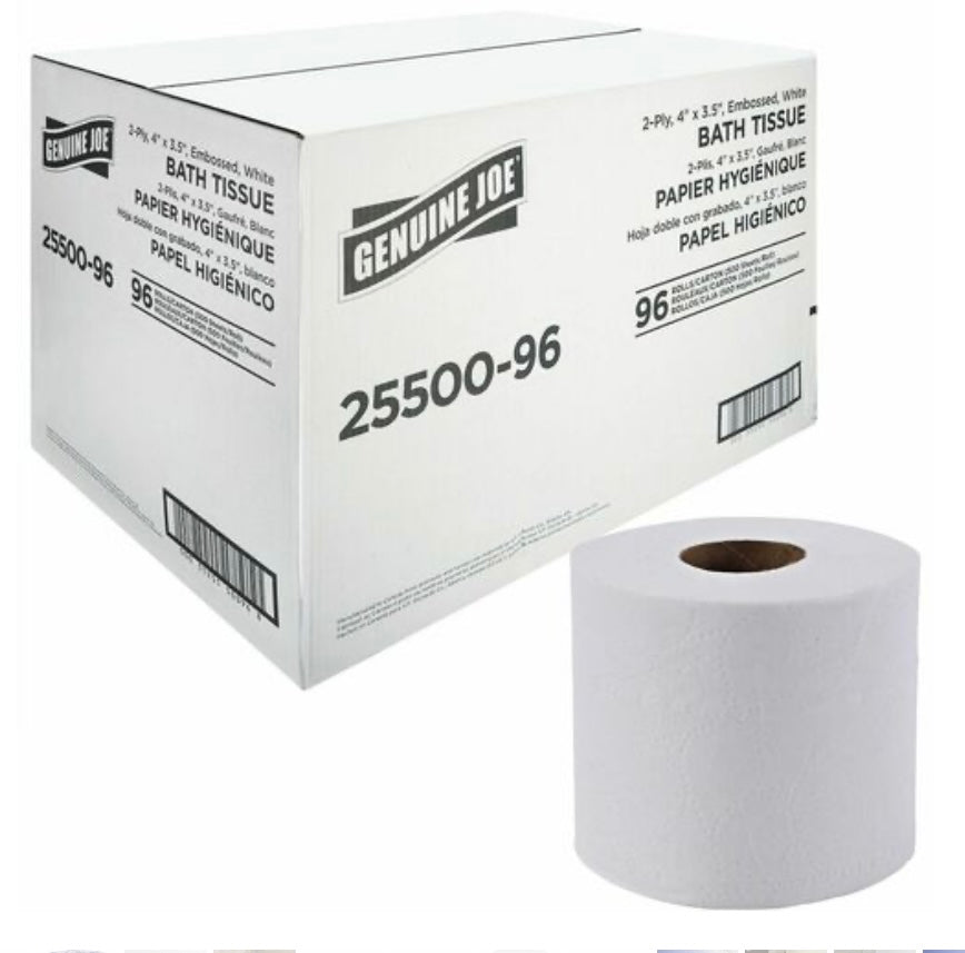 Genuine Joe 2-ply Standard Bath Tissue Rolls 2 Ply - 3" Width x 4" Length - 500 Sheets/Roll - 1 5/8" Core - White - 96 / Carton