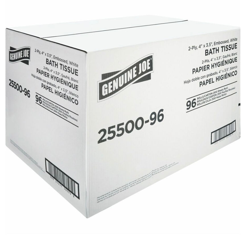 Genuine Joe 2-ply Standard Bath Tissue Rolls 2 Ply - 3" Width x 4" Length - 500 Sheets/Roll - 1 5/8" Core - White - 96 / Carton