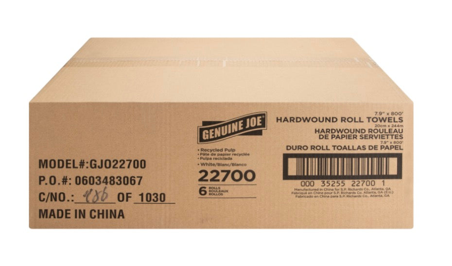 8" Hard Wound Roll Towel 1ply Bleached 6rl/800ft Case