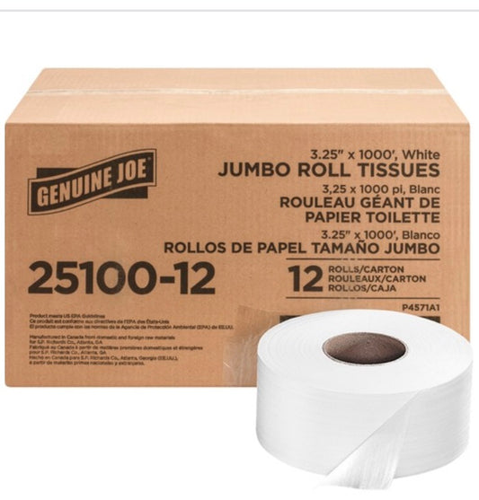 Genuine Joe Jumbo Roll Bath Tissues 2 Ply - 3.25" Width x 1000 ft Length - 9" Roll Diameter - 3 19/64" Core - White - 12 / Carton