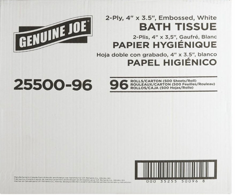 Genuine Joe 2-ply Standard Bath Tissue Rolls 2 Ply - 3" Width x 4" Length - 500 Sheets/Roll - 1 5/8" Core - White - 96 / Carton