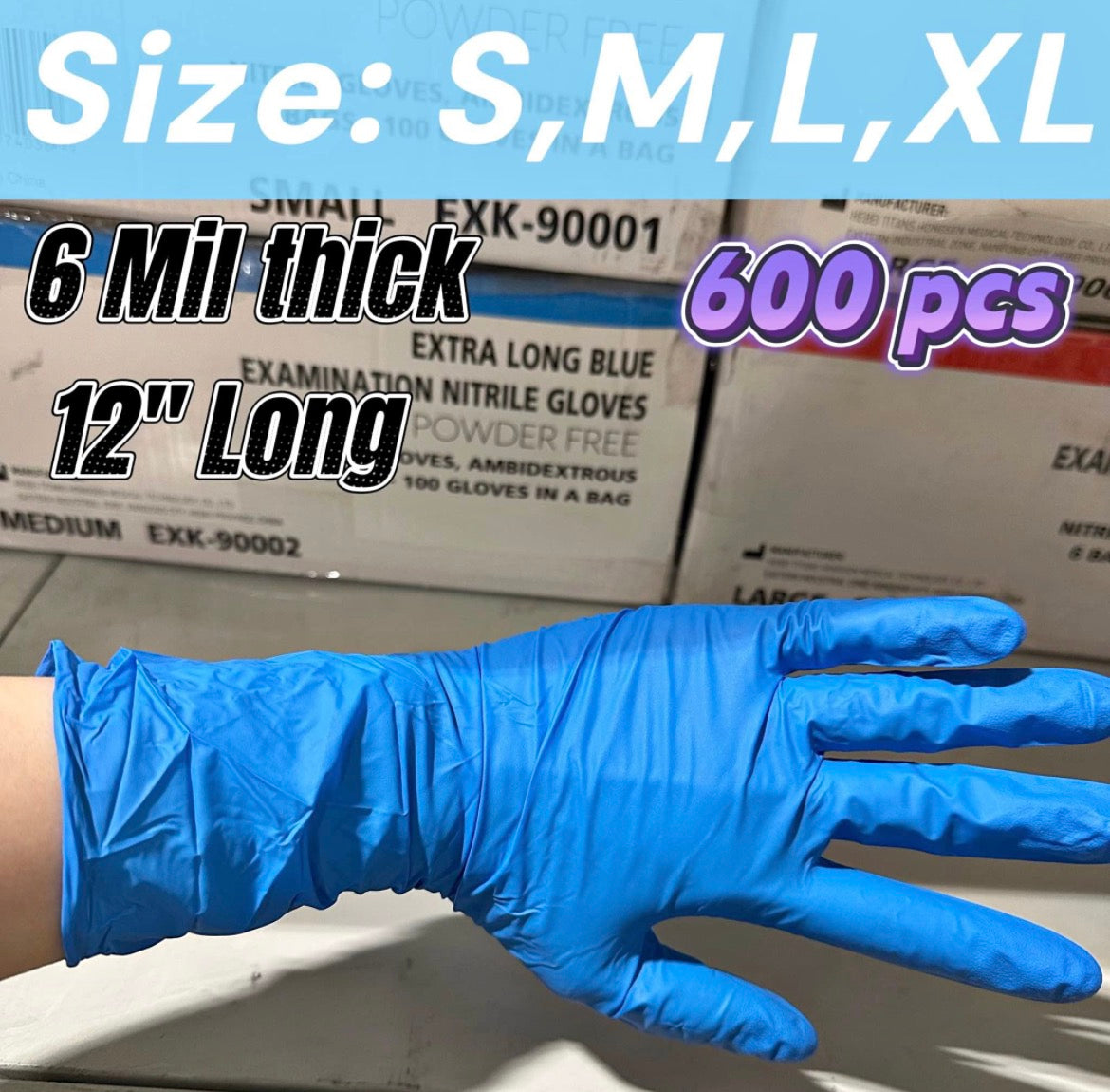 12” Long 6mil Blue Extra-Long Nitrile Examination Gloves 600/CS