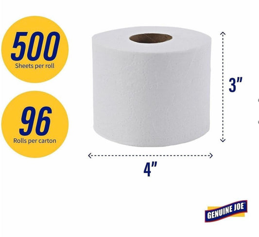Genuine Joe 2-ply Standard Bath Tissue Rolls 2 Ply - 3" Width x 4" Length - 500 Sheets/Roll - 1 5/8" Core - White - 96 / Carton