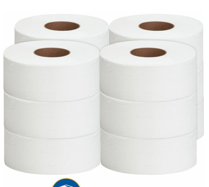 Genuine Joe Jumbo Roll Bath Tissues 2 Ply - 3.25" Width x 1000 ft Length - 9" Roll Diameter - 3 19/64" Core - White - 12 / Carton