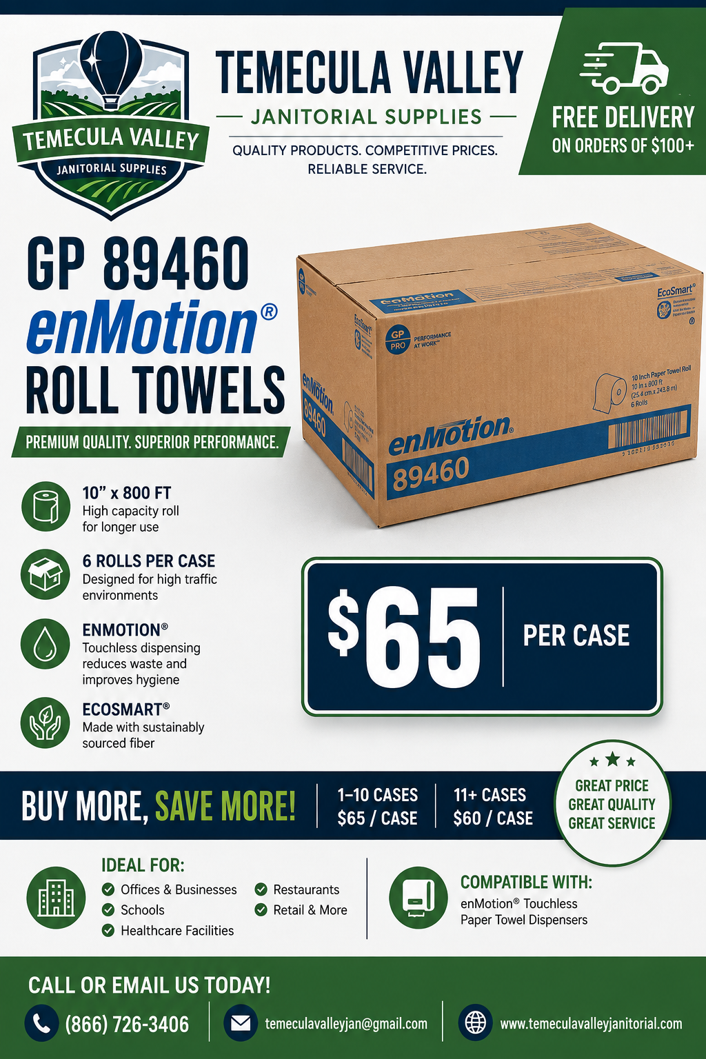 Georgia-Pacific Enmotion® Roll Towels – 10" Wide, 800 ft/Roll, Case of 6 (Model 89460)